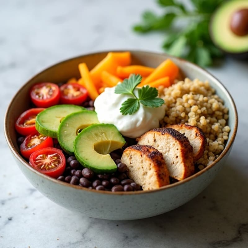 Black Bean Burrito Bowl with Fresh Veggies and Creamy Lime Dressing