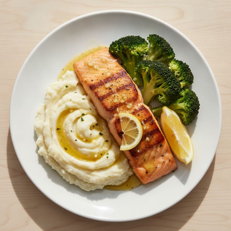 Seared Salmon with Steamed Broccoli and Garlic Mashed Potatoes