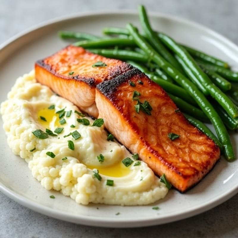 Seared Salmon with Steamed Green Beans and Garlic Cauliflower Mash