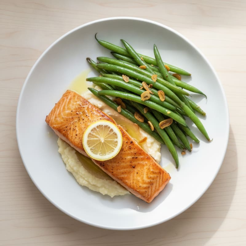 Seared Salmon Fillet with Garlic Green Beans and Cauliflower Mash