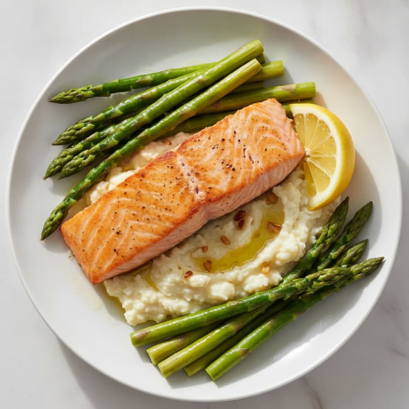 Seared Salmon Fillet with Steamed Asparagus and Garlic Mashed Cauliflower