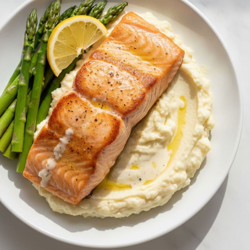 Seared Salmon Fillet with Steamed Asparagus and Cauliflower Mash