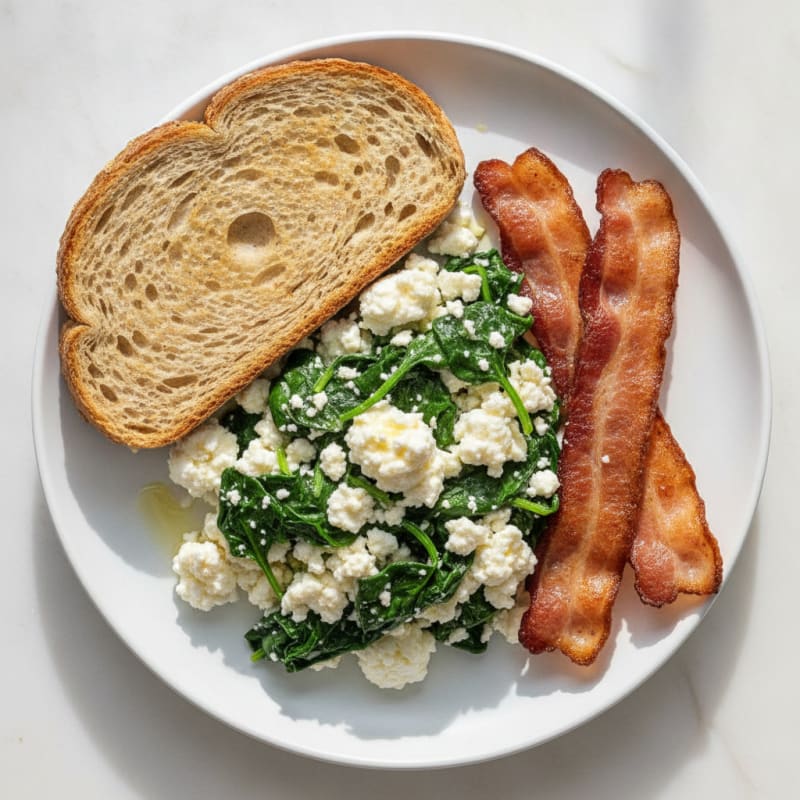 Cottage Cheese Egg White Scramble with Sautéed Spinach and Turkey Bacon