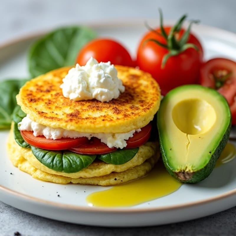 Egg White Spinach Omelette with Cottage Cheese, Fresh Tomatoes, and Avocado