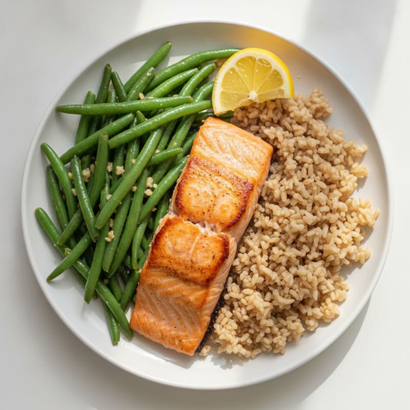 Pan-Seared Salmon with Garlic Green Beans and Brown Rice