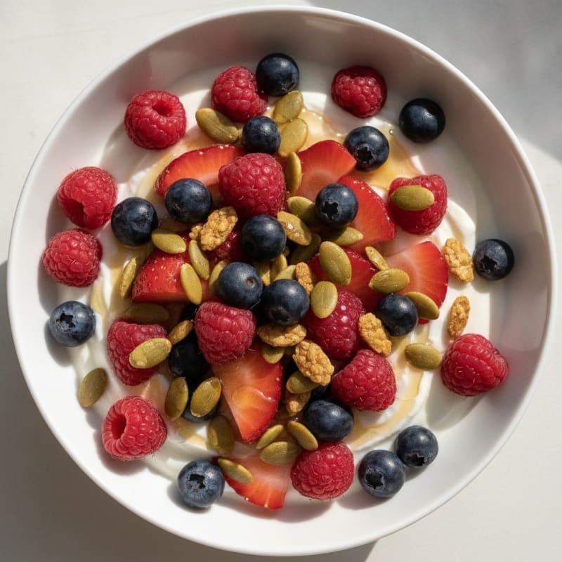 Creamy Greek Yogurt with Mixed Berries and Pumpkin Seeds