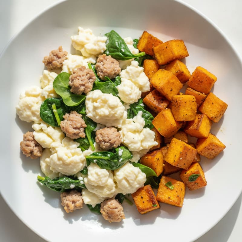 Egg White and Turkey Sausage Scramble with Spinach and Roasted Sweet Potato