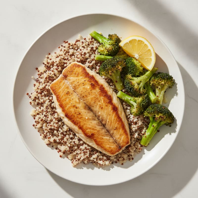 Seared Tilapia with Roasted Broccoli and Quinoa