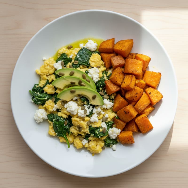 Cottage Cheese Egg Scramble with Spinach and Roasted Sweet Potatoes