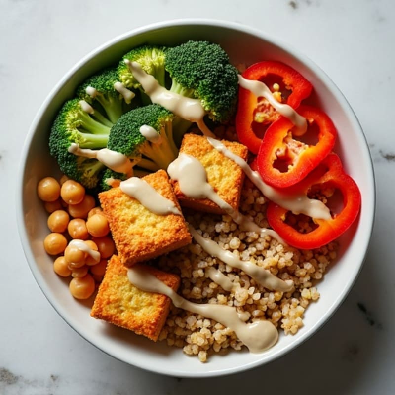 Crispy Tofu and Roasted Vegetable Buddha Bowl with Creamy Tahini