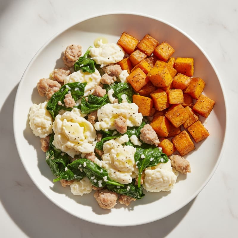 Egg White and Turkey Sausage Scramble with Spinach and Roasted Sweet Potato