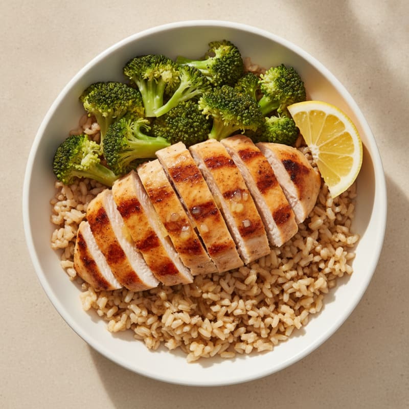 Grilled Chicken and Brown Rice Bowl with Steamed Broccoli