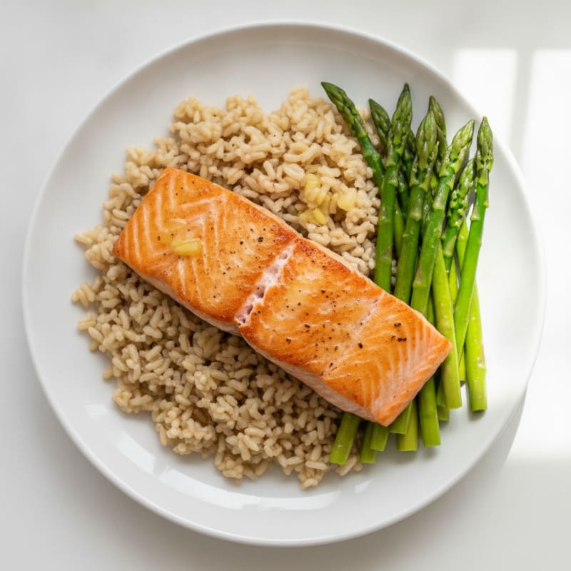 Seared Salmon with Steamed Asparagus and Brown Rice
