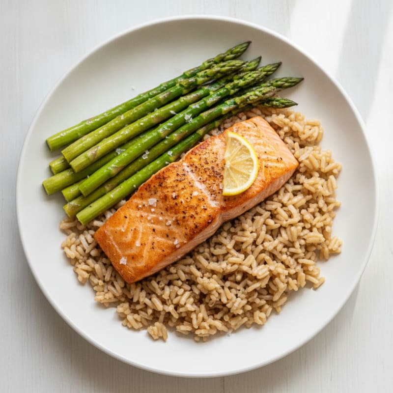 Seared Salmon Fillet with Steamed Asparagus and Brown Rice