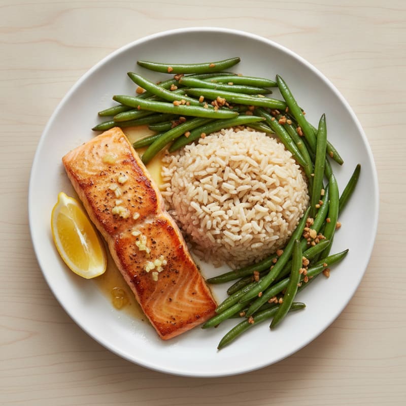 Seared Salmon with Garlic Green Beans and Steamed Brown Rice