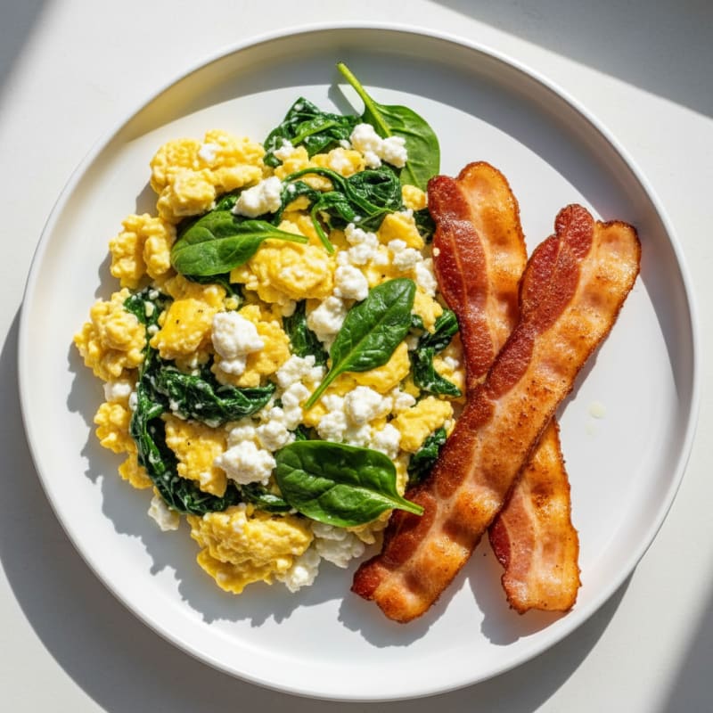 Cottage Cheese Egg Scramble with Spinach and Turkey Bacon