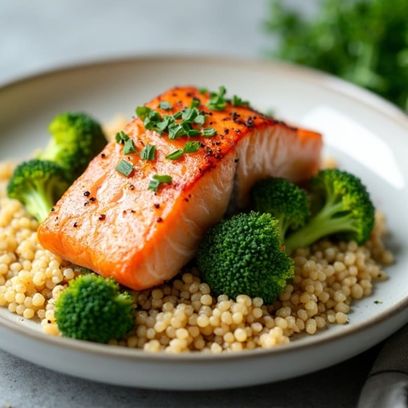 Seared Salmon with Steamed Broccoli and Quinoa