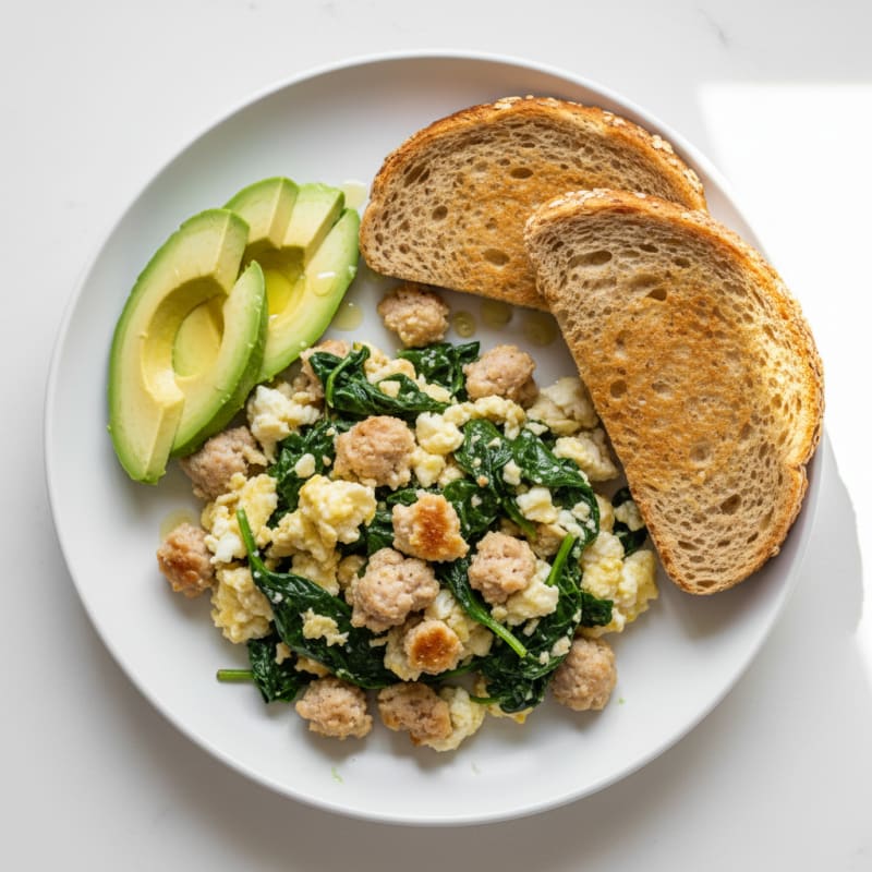Egg White and Turkey Sausage Scramble with Baby Spinach