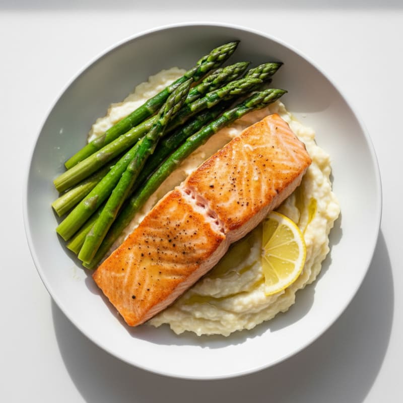 Seared Salmon Fillet with Steamed Asparagus and Cauliflower Mash
