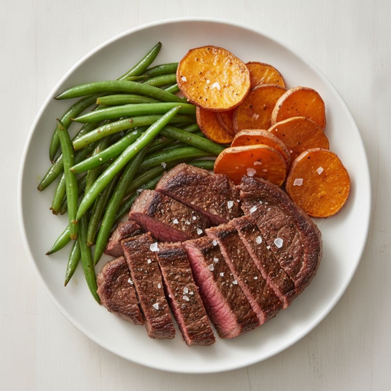 Seared Sirloin with Garlic Green Beans and Roasted Sweet Potatoes