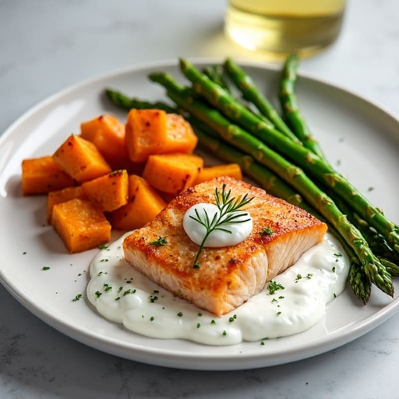 Seared Salmon Fillet with Roasted Sweet Potato and Asparagus