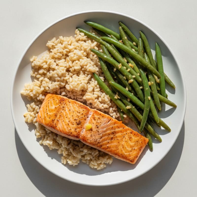 Seared Salmon with Garlic Green Beans and Brown Rice