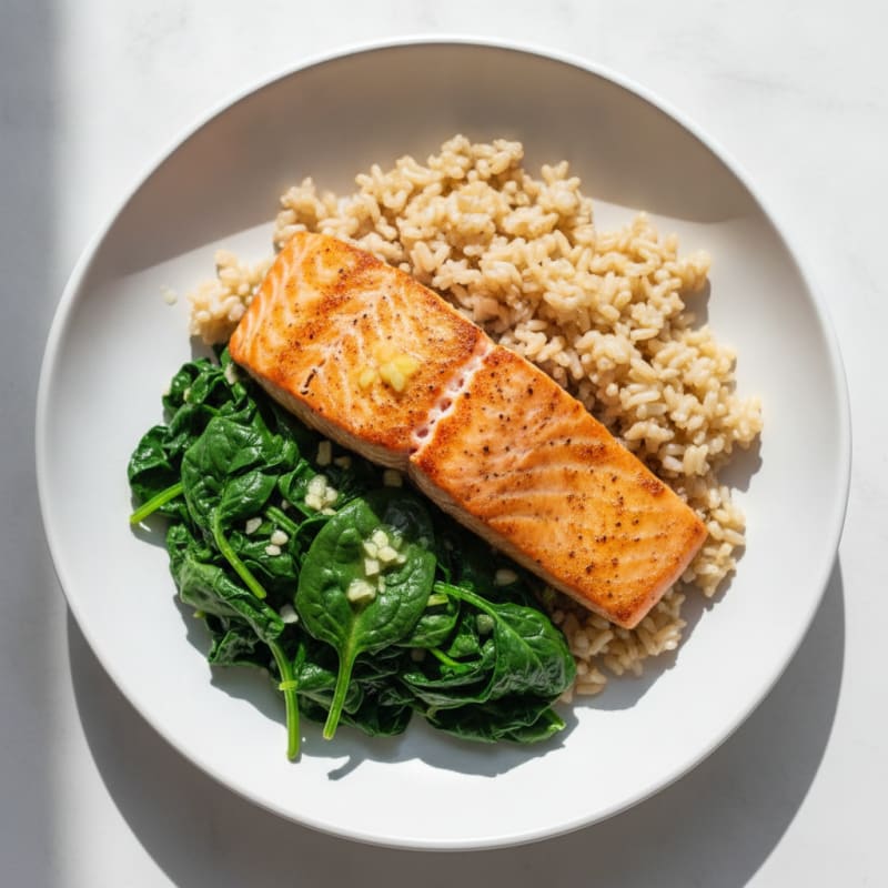 Seared Salmon Fillet with Garlic Spinach and Brown Rice