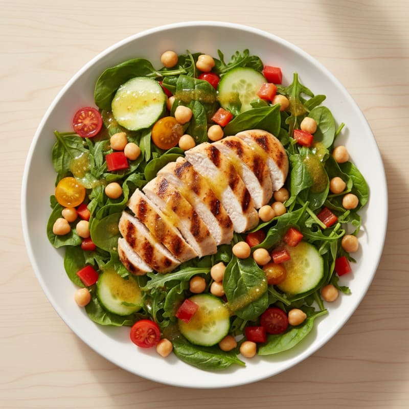 Grilled Chicken Breast Salad with Chickpeas and Crunchy Vegetables