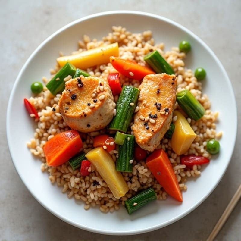Garlic Sesame Chicken Stir-Fry with Brown Rice and Crisp Vegetables