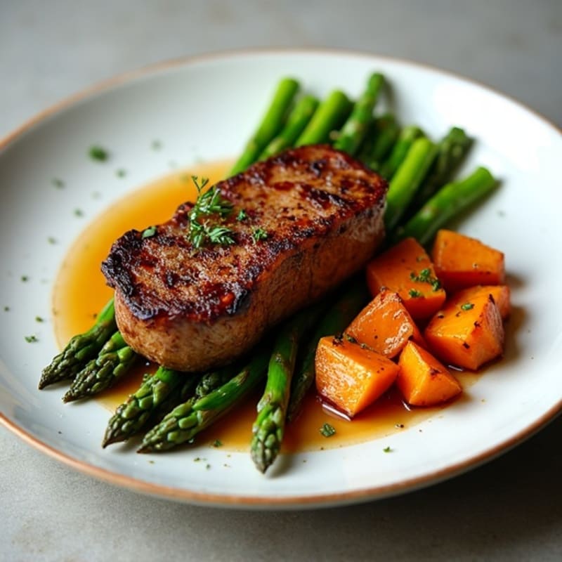 Tender Pan-Seared Steak with Crispy Roasted Asparagus and Sweet Potato