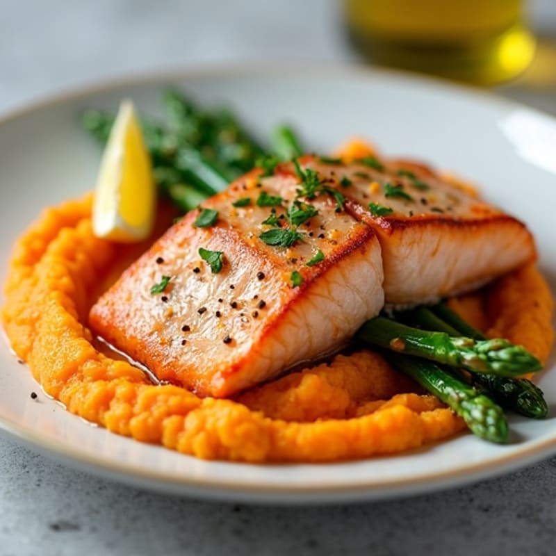 Seared Salmon with Roasted Asparagus and Sweet Potato Mash