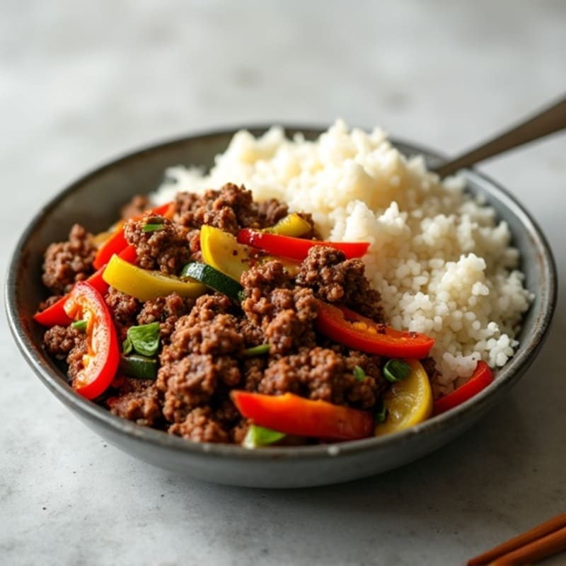 Ground Beef and Pepper Stir-Fry with Steamed Rice
