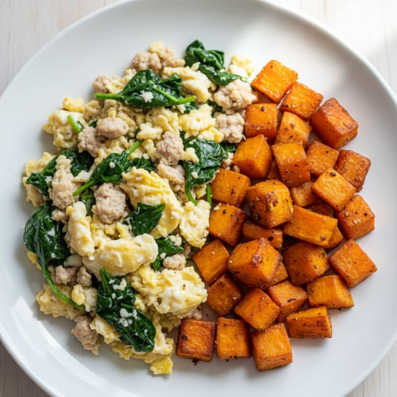 Egg White and Turkey Spinach Scramble with Roasted Sweet Potatoes