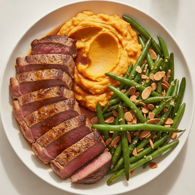 Seared Sirloin Steak with Garlic Green Beans and Sweet Potato Mash