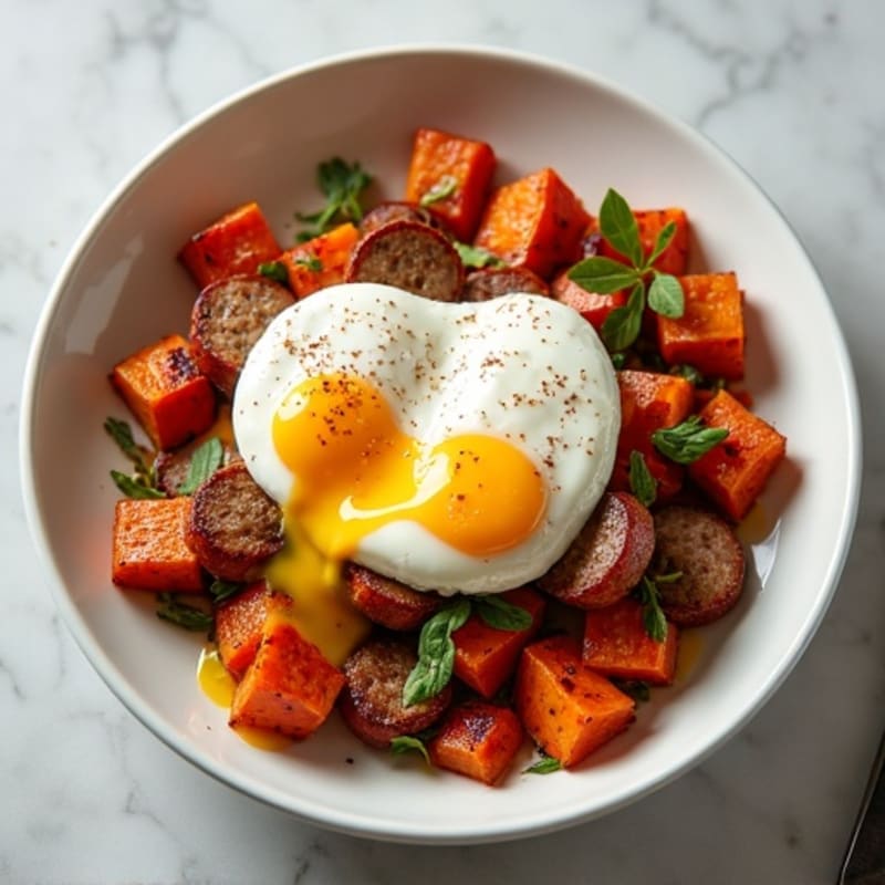 Crispy Sweet Potato and Turkey Sausage Hash with Poached Eggs