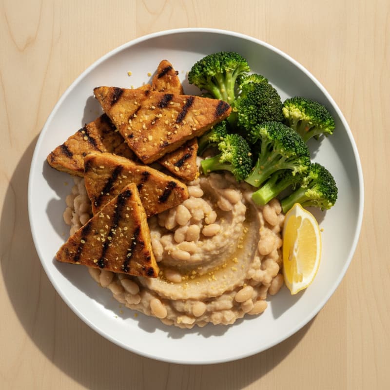 Grilled Tempeh with Creamy White Bean Mash and Steamed Broccoli