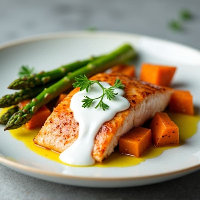 Seared Salmon with Roasted Sweet Potato and Asparagus