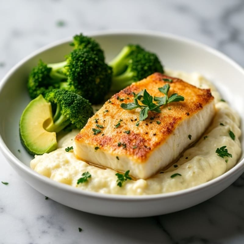 Pan-Seared Cod with Herb-Cauliflower Mash and Roasted Broccoli