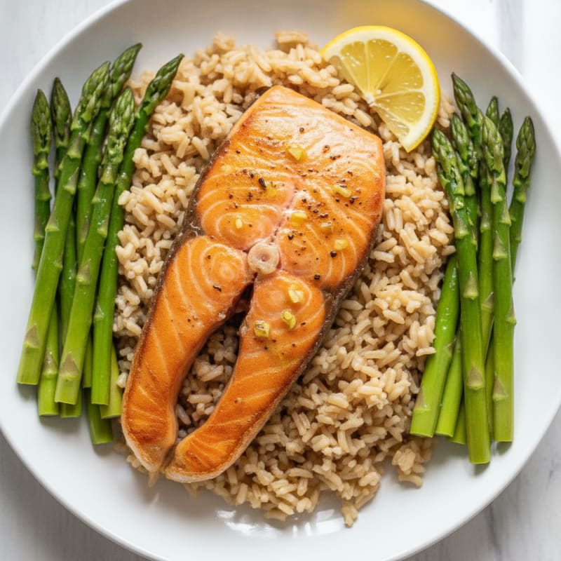 Seared Salmon with Steamed Asparagus and Garlic Brown Rice
