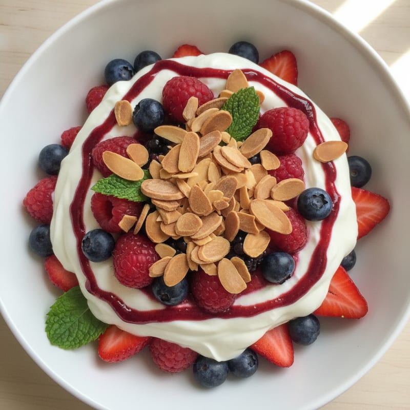 Greek Yogurt Protein Parfait with Mixed Berries and Almonds