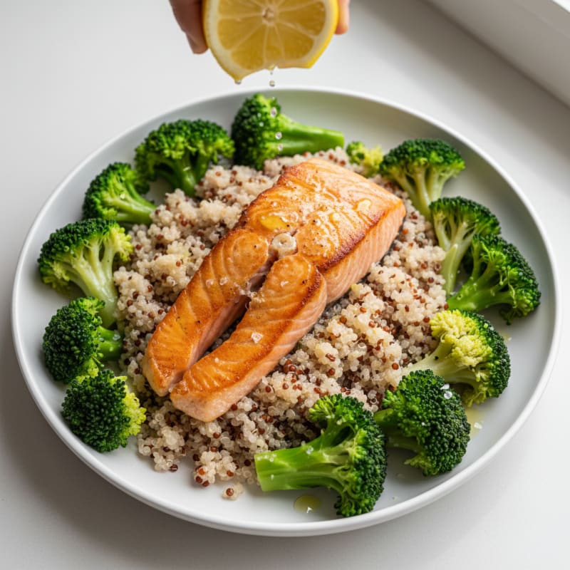 Seared Salmon with Steamed Broccoli and Quinoa