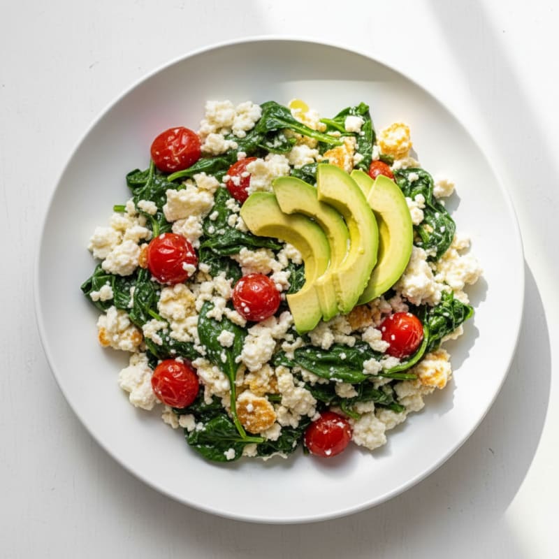 Cottage Cheese Egg White Scramble with Spinach and Tomatoes
