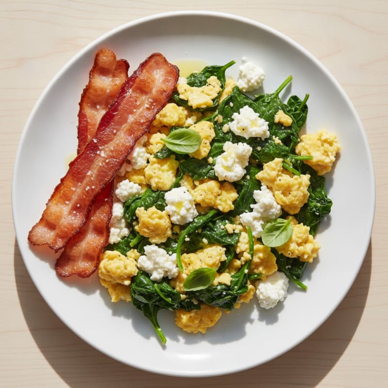 Cottage Cheese Scramble with Spinach and Turkey Bacon