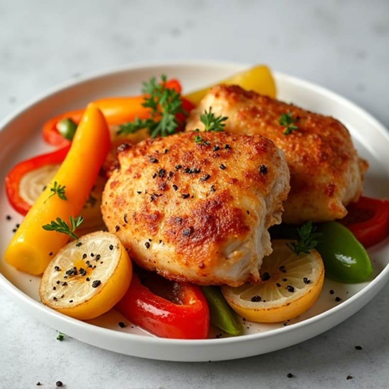 Crispy Baked Chicken Thighs with Roasted Onion and Bell Pepper Medley