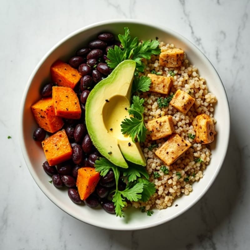 Roasted Sweet Potato and Black Bean Bowl with Creamy Avocado Dressing