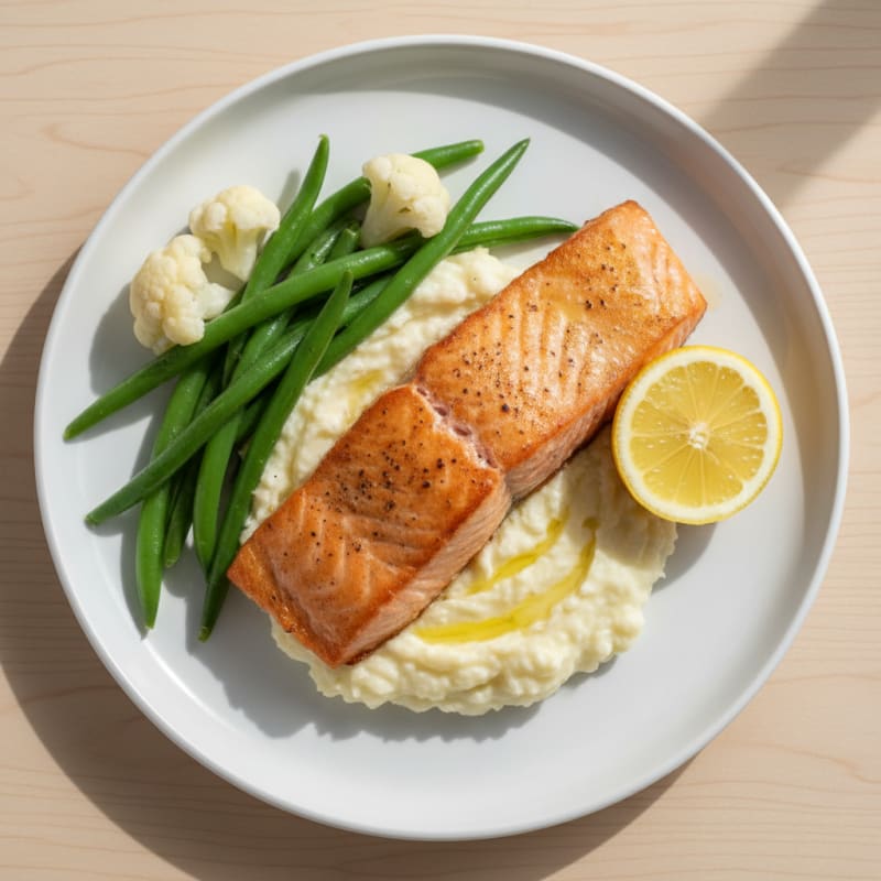 Seared Salmon Fillet with Steamed Green Beans and Cauliflower Mash