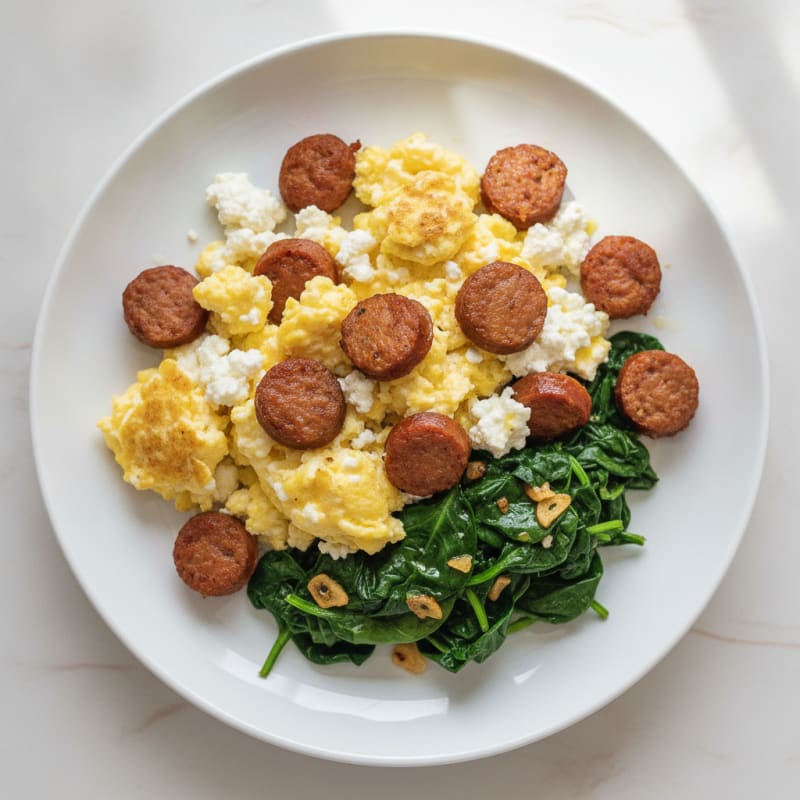 Cottage Cheese Scramble with Turkey Sausage and Sautéed Spinach