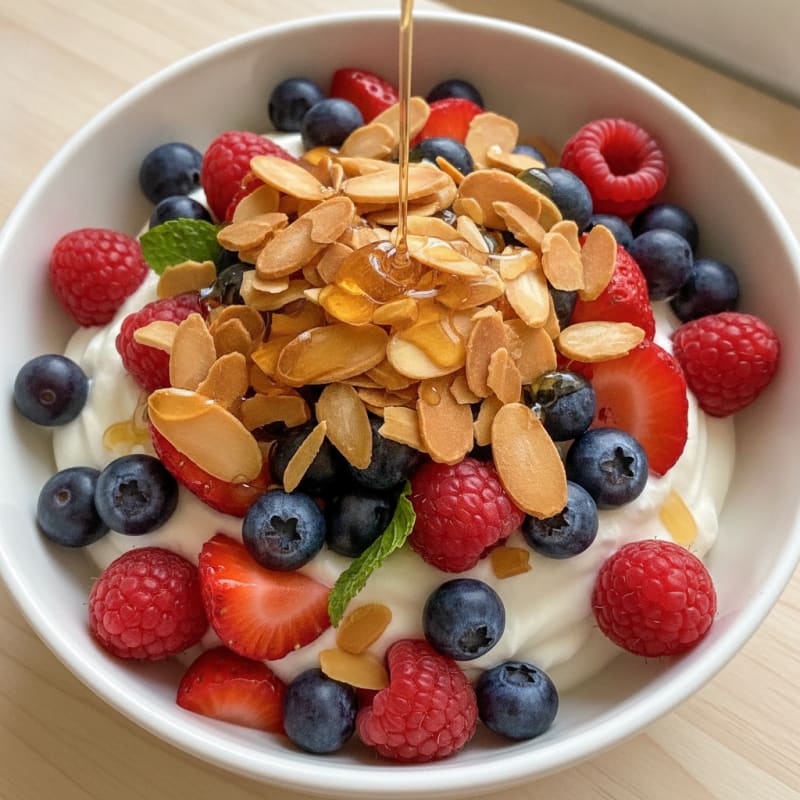 Greek Yogurt Protein Parfait with Mixed Berries and Almonds