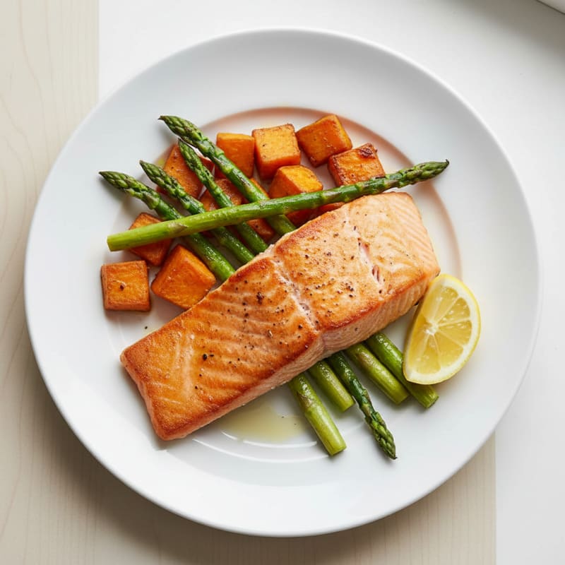 Seared Salmon with Roasted Sweet Potatoes and Asparagus