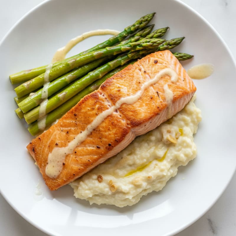 Seared Salmon with Steamed Asparagus and Garlic Cauliflower Mash